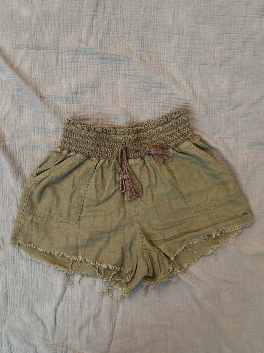 Smocked High Waist Olive Green Women's Drawstring Fringe Shorts